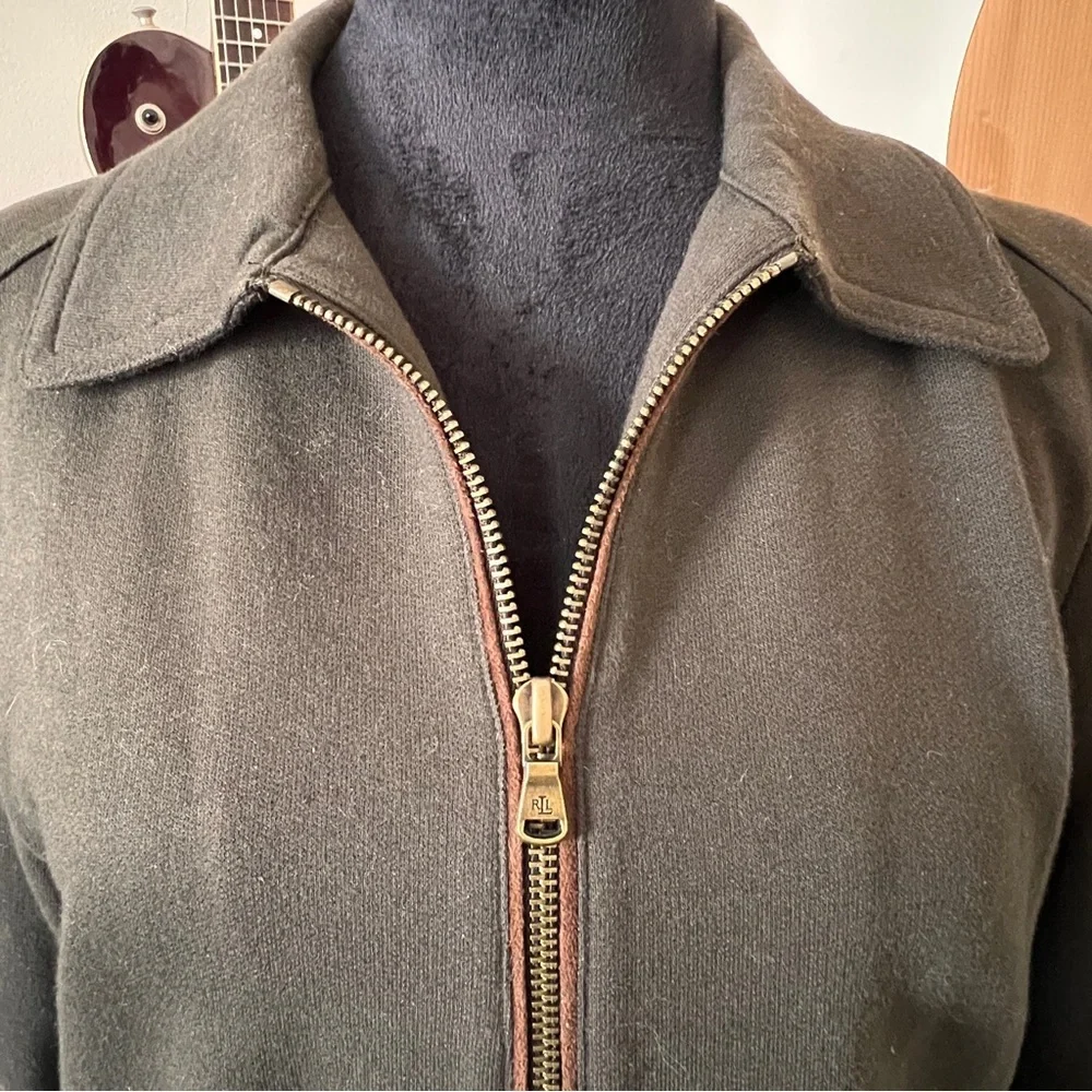 Ralph Lauren 100% Cotton Olive Knit Jacket, Brass Details - Size Petite Medium